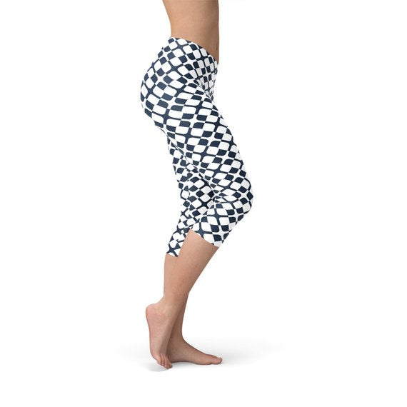 Women’s geometric blue tile Capri leggings by Maroon Sooty, featuring a stylish pattern and comfortable fit.