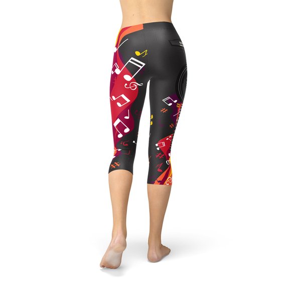 Maroon Sooty guitar and music note print Capri leggings featuring musical instrument and note designs on soft fabric.