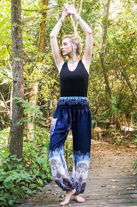 Blue Elephant Women’s boho yoga pants featuring colorful elephant print, comfortable hippie style, by Tan Smokey.