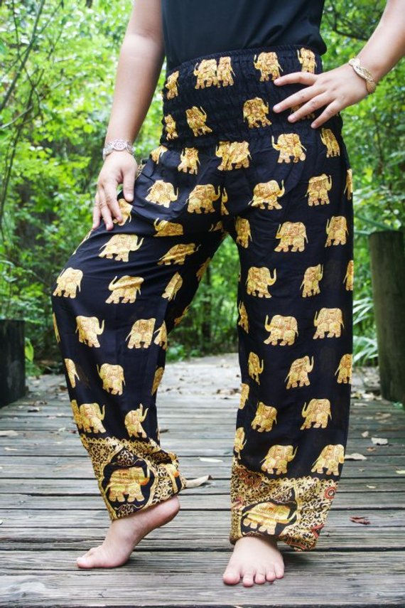 Black Elephant print boho pants for women by Tan Smokey, featuring a relaxed fit and hippie yoga-inspired style.