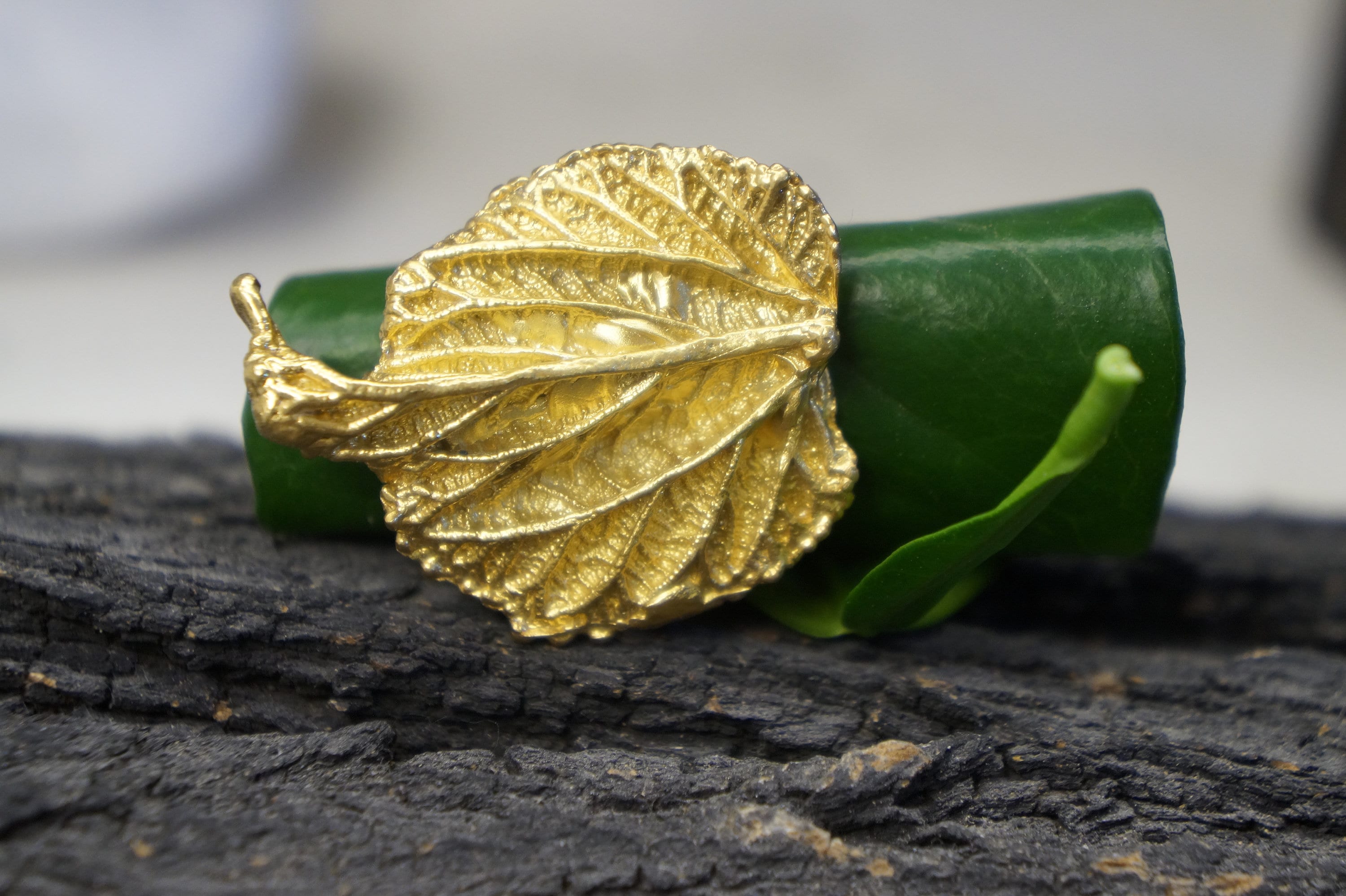 Handmade gold-plated sterling silver leaf ring from Beige Briseis, featuring intricate leaf design in jewelry and watches category.