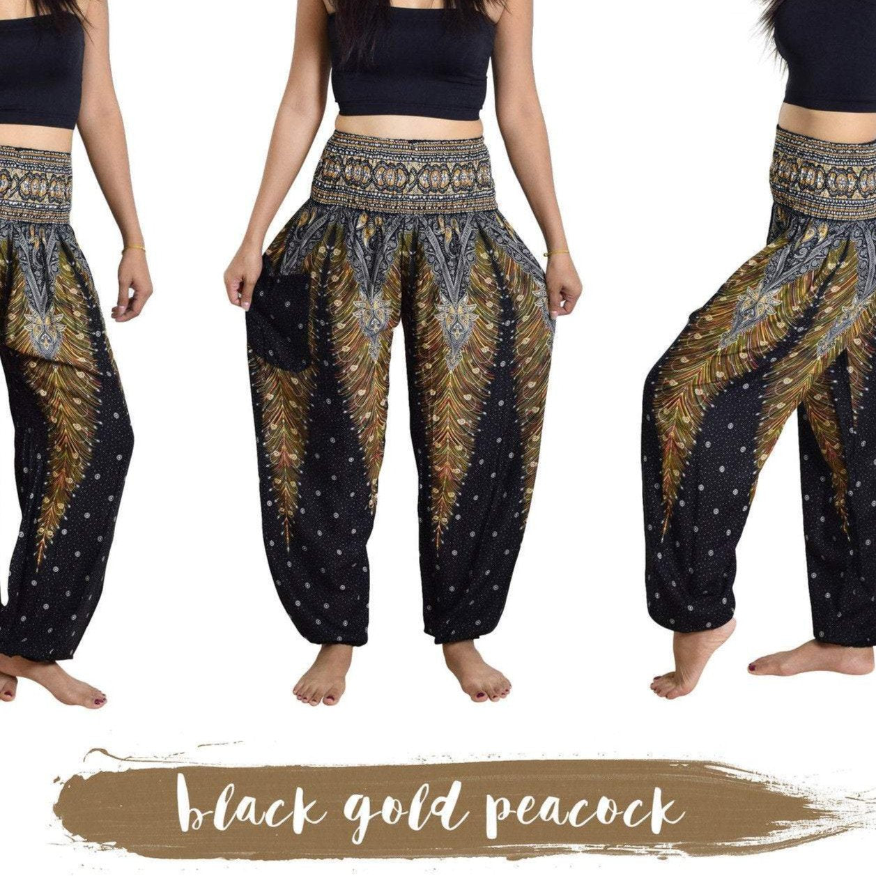 High waist peacock African boho pants from White Baobab, styled with a casual T-shirt, featuring vibrant patterns and relaxed fit.