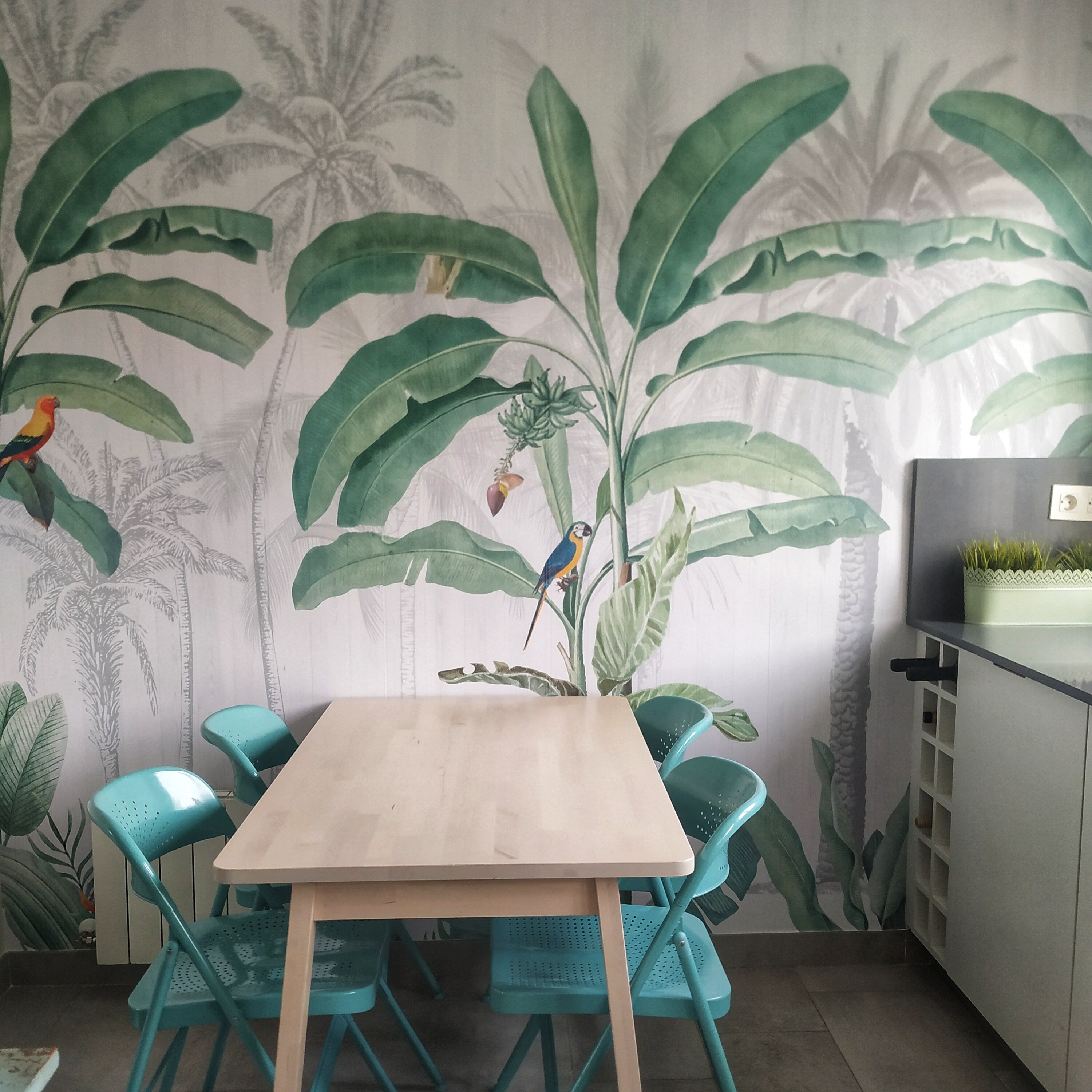 Green Tulsi tropical jungle wallpaper mural featuring lush green leaves and vibrant jungle scenery for home decor.
