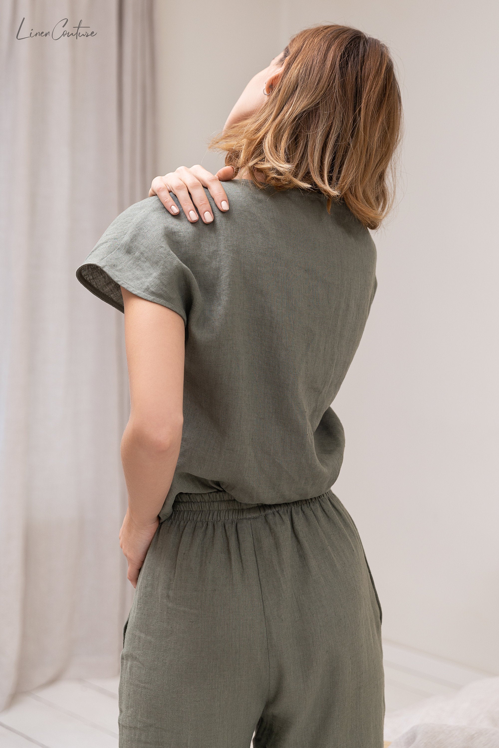 Safari green linen pajama set by Magenta Sugarplum, natural linen sleepwear with relaxed fit and soft fabric for comfortable loungewear.