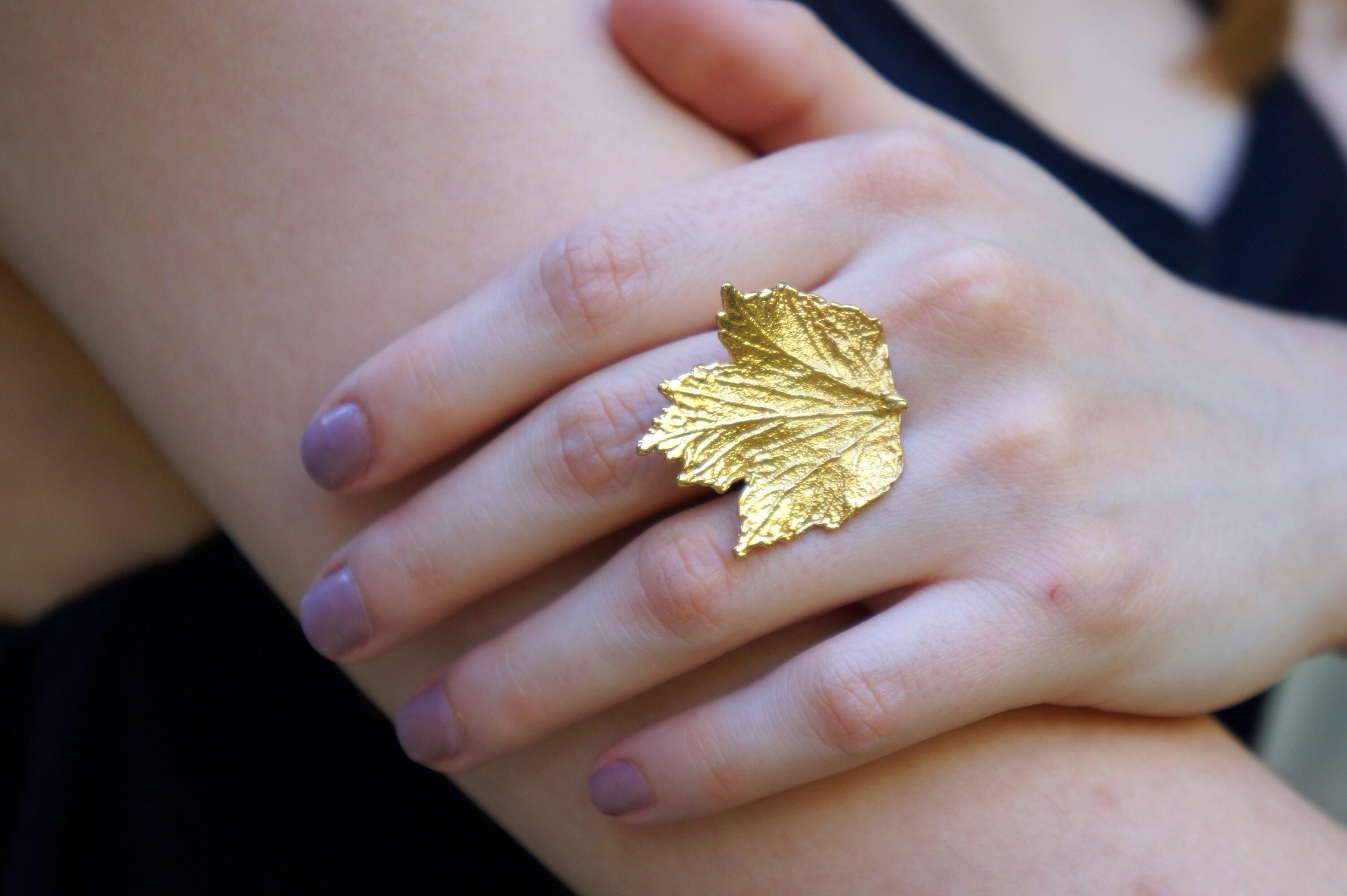 Gold-plated brass Bourbon Rose Leaf Ring from Beige Briseis, adjustable jewelry featuring a detailed rose leaf design.
