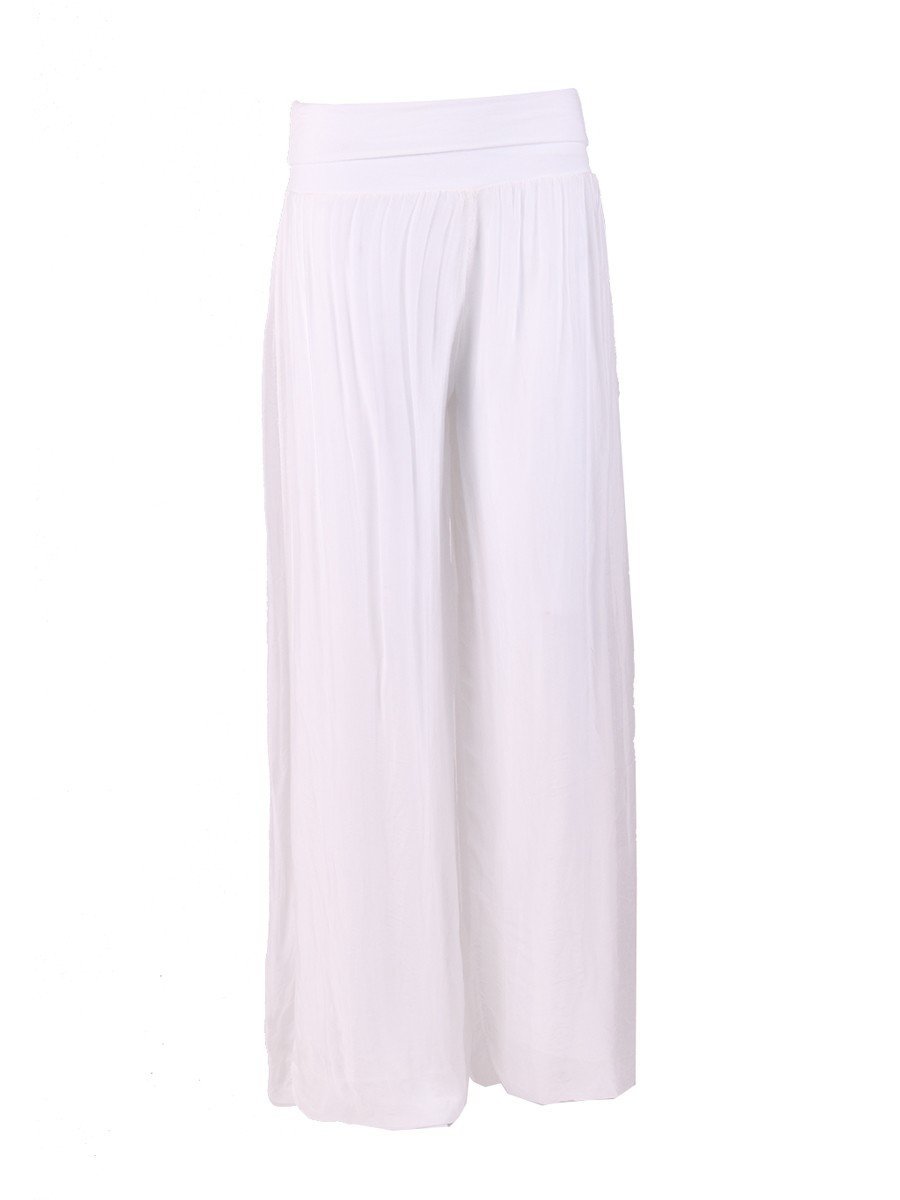 White Italian silk Palazzo pants from Violet Medea, featuring a flowing, elegant design and wide-leg style.