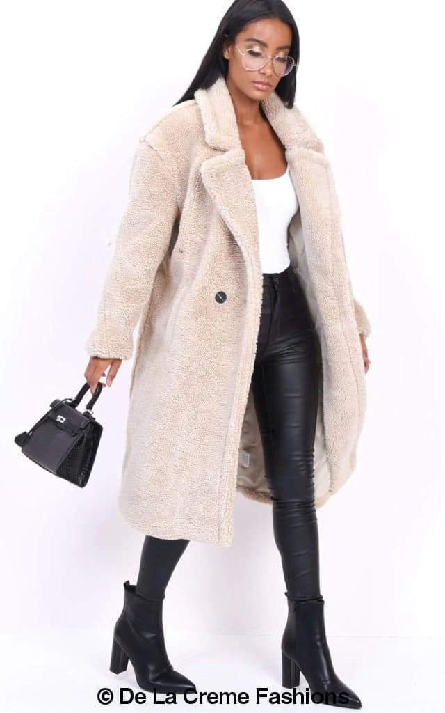 Rose Eleusis Jackie double-breasted borg teddy midi coat, cozy fleece-lined winter jacket with large lapels and button closure.