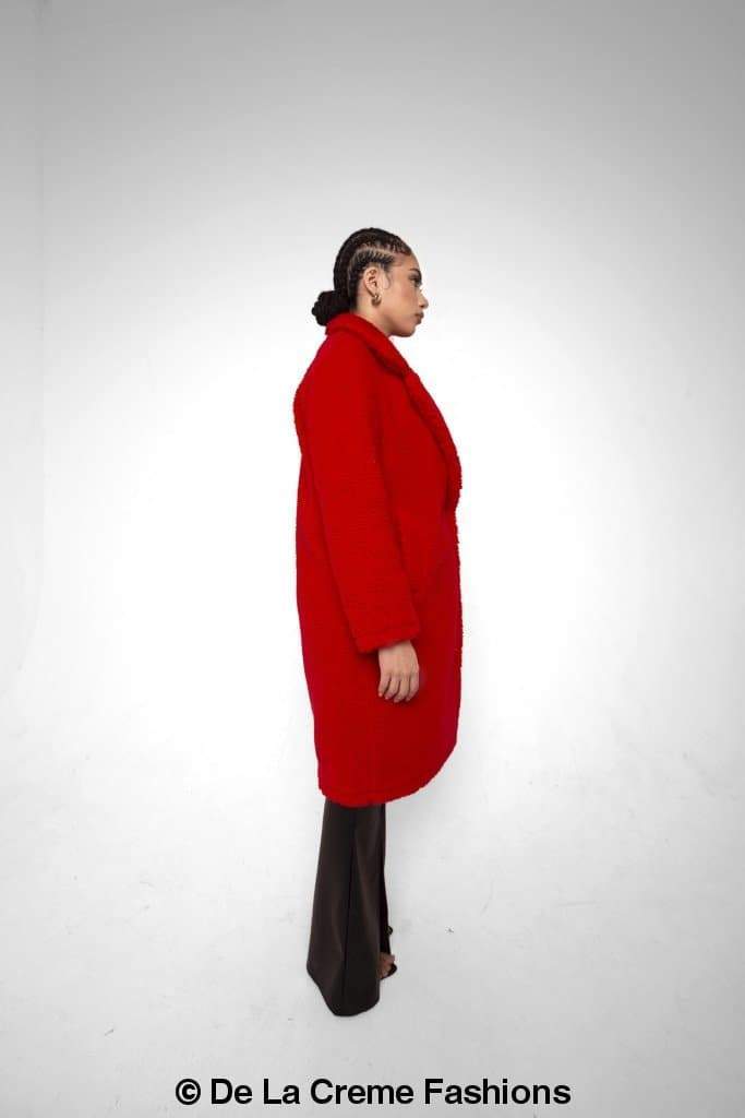 Rose Eleusis Jackie double-breasted borg teddy midi coat displayed on a hanger, showcasing its cozy fleece texture and classic design.