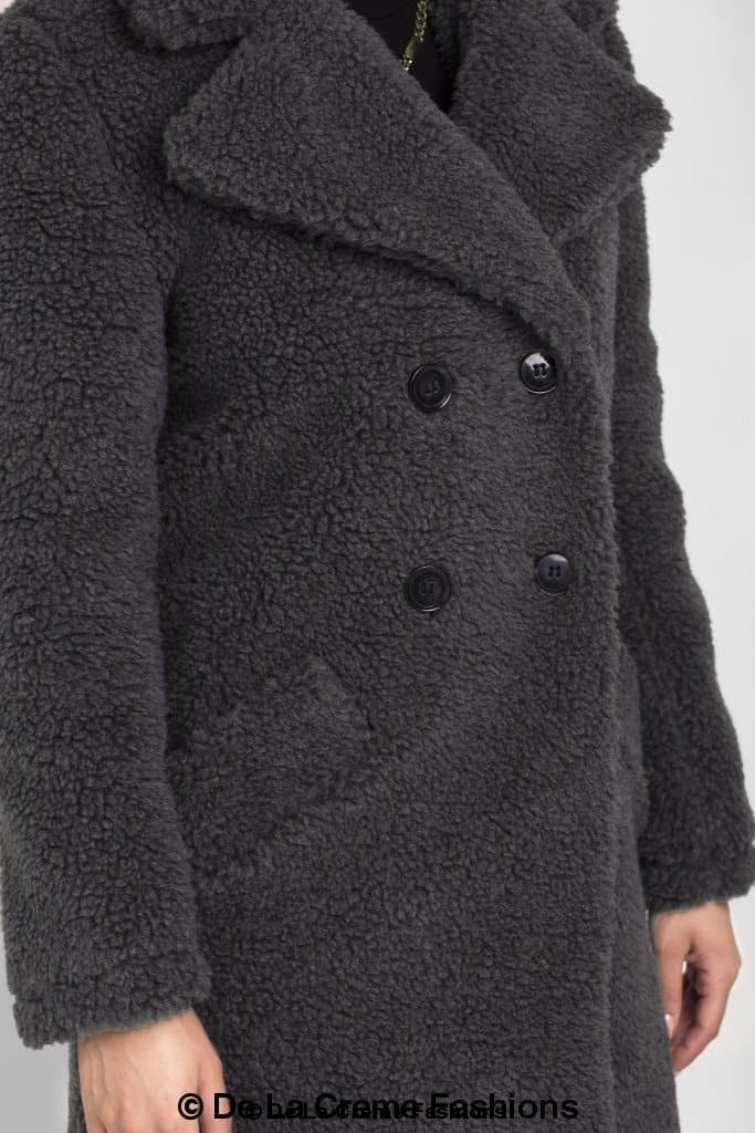 Rose Eleusis Janine double-breasted borg teddy coat with wide collar and cozy fleece texture, stylish winter jacket.