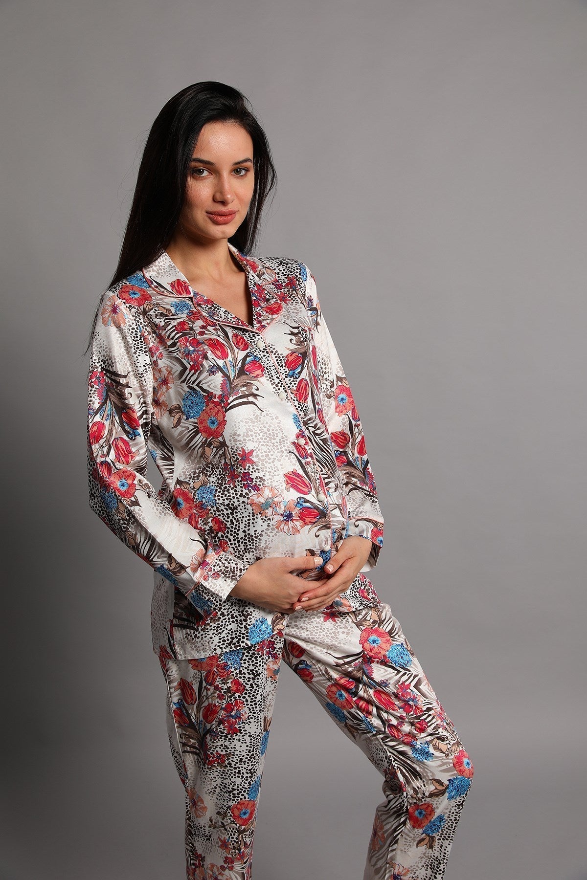 Burgundy Artemis Shopymommy Jasminlong front button maternity and nursing pajamas, soft lingerie with front buttons, comfortable fit