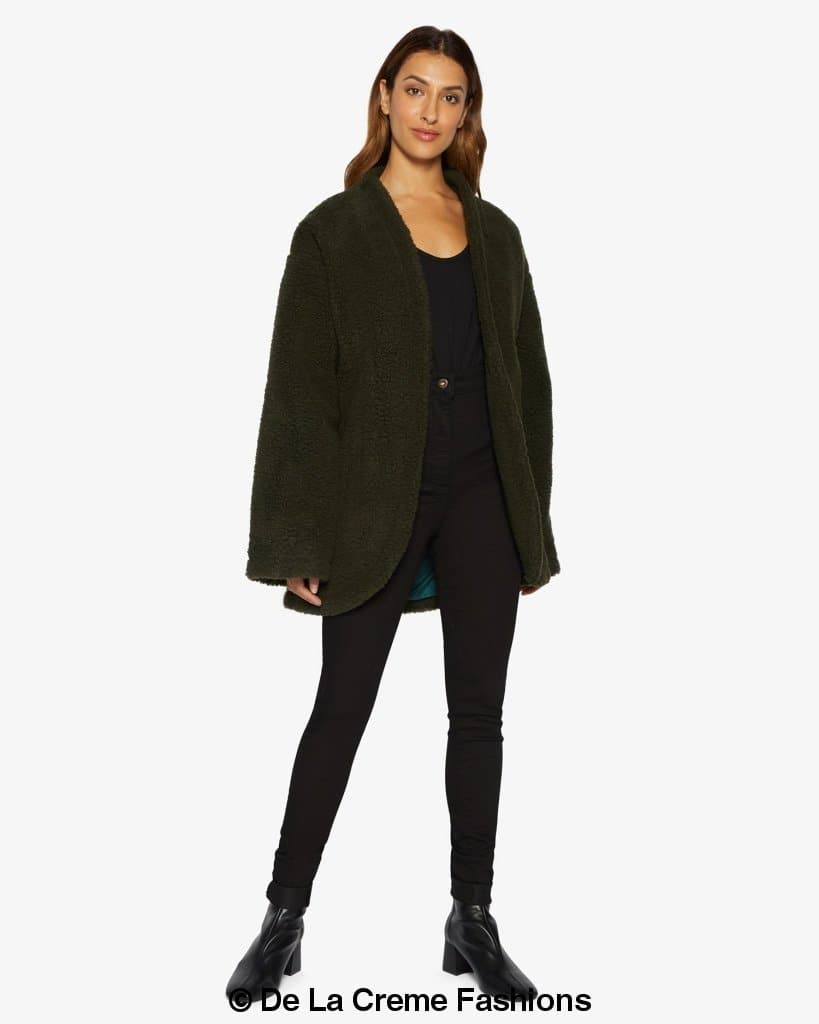 Open front belted Teddy coat by Rose Eleusis, cozy plush fabric, featuring a relaxed fit and stylish lapel collar.