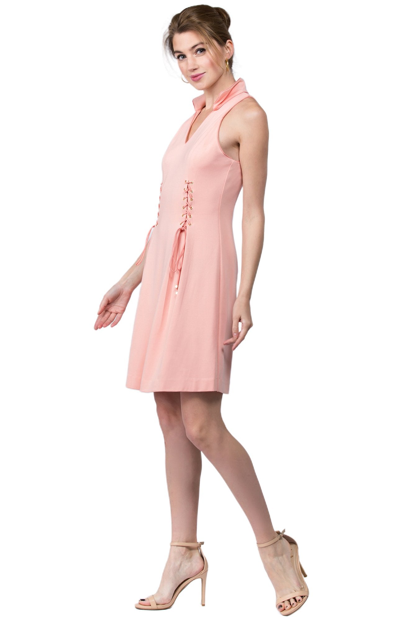 Peach Dionysus Vienna Dress with fit and flare silhouette, wing tip collar, stylish and elegant women&