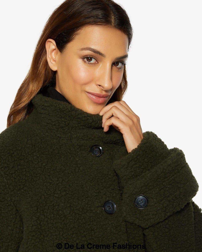 Rose Eleusis Julie High Neck Borg Teddy Coat, cozy beige jacket with high collar and plush fleece material.