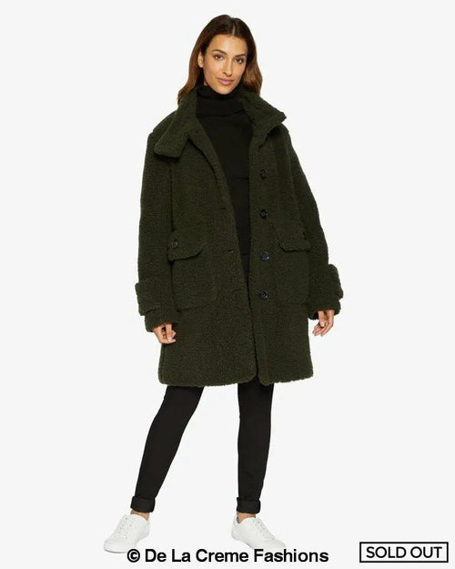 Rose Eleusis Julie high-neck borg teddy coat in olive, stylish jacket with plush fabric and cozy high collar.