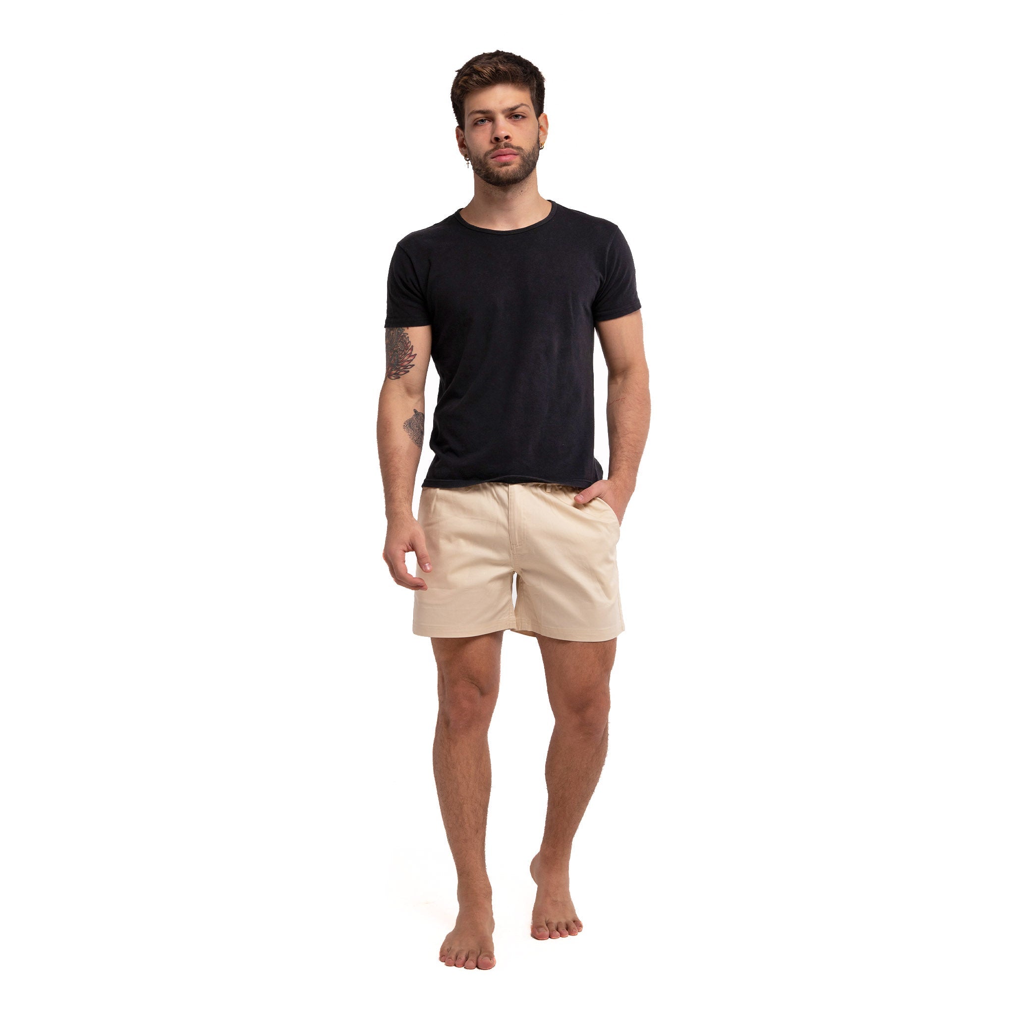 Ruby Tartarus cotton khaki swim shorts, casual summer swimwear with elastic waistband and relaxed fit.