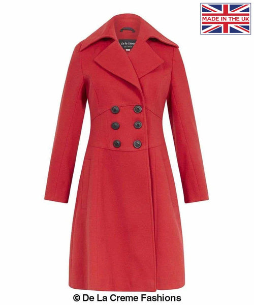 Red Kirsty slim fit A-line coat by Rose Eleusis, shown on a model, with tailored silhouette and classic collar detail.
