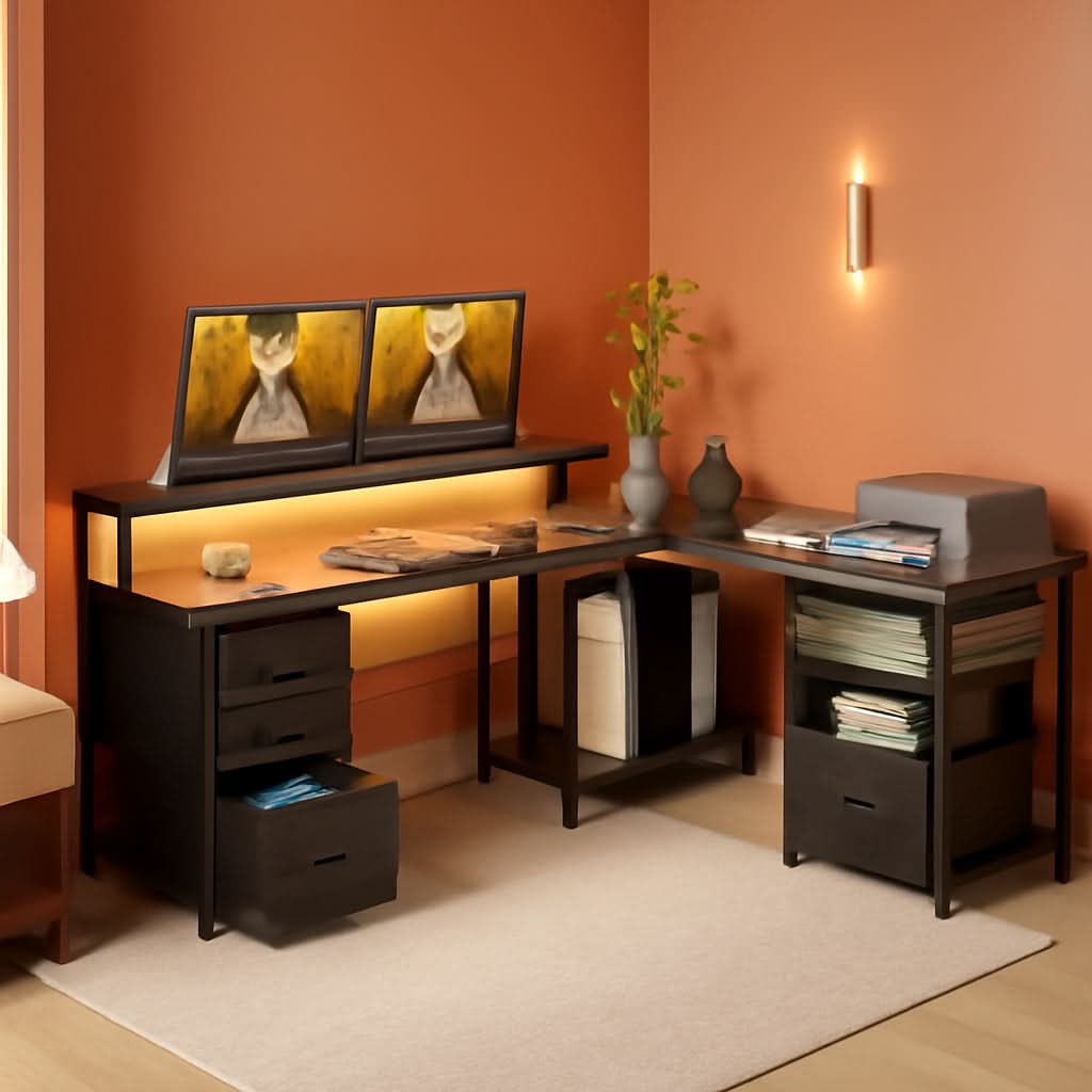 L Shaped Computer Desk with File Cabinet and LED Light