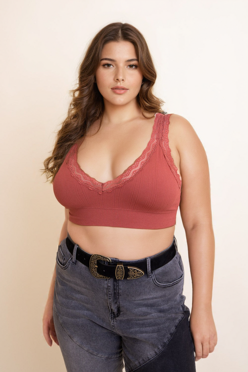 Rust-colored lace-trim padded bralette from Periwinkle Aether featuring soft padding and delicate lace details.