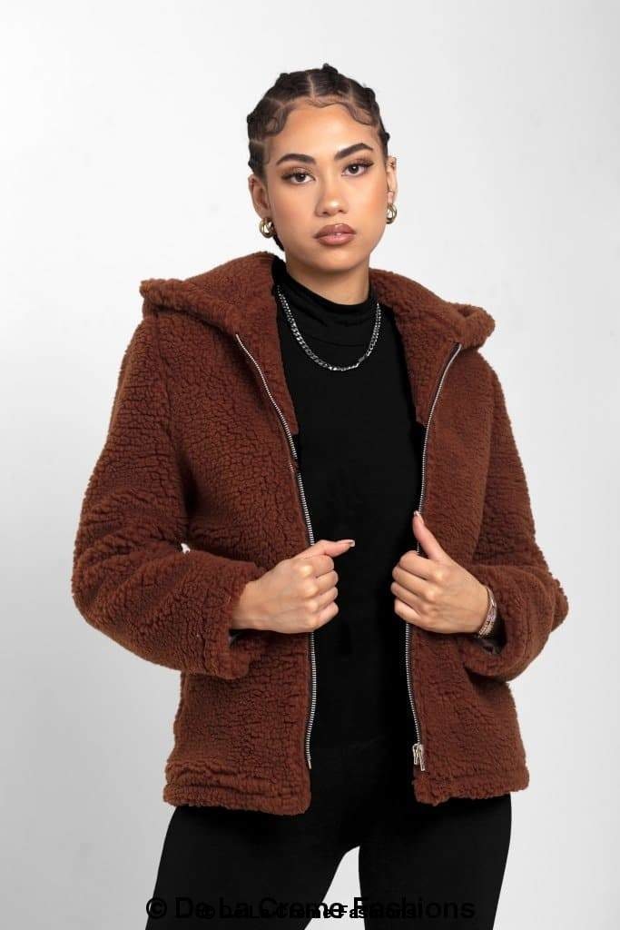 Rose Eleusis Lauren zip-up hooded borg teddy jacket with cozy fleece lining and zippered front, perfect for casual wear.
