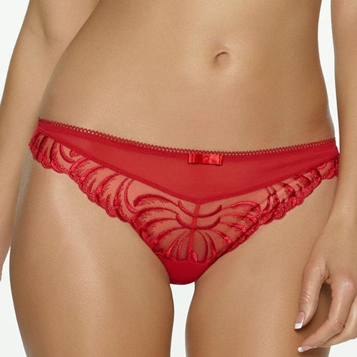 Red Felina Lana sheer low-rise thong panty from Lime Lucy featuring delicate lace and minimal coverage.