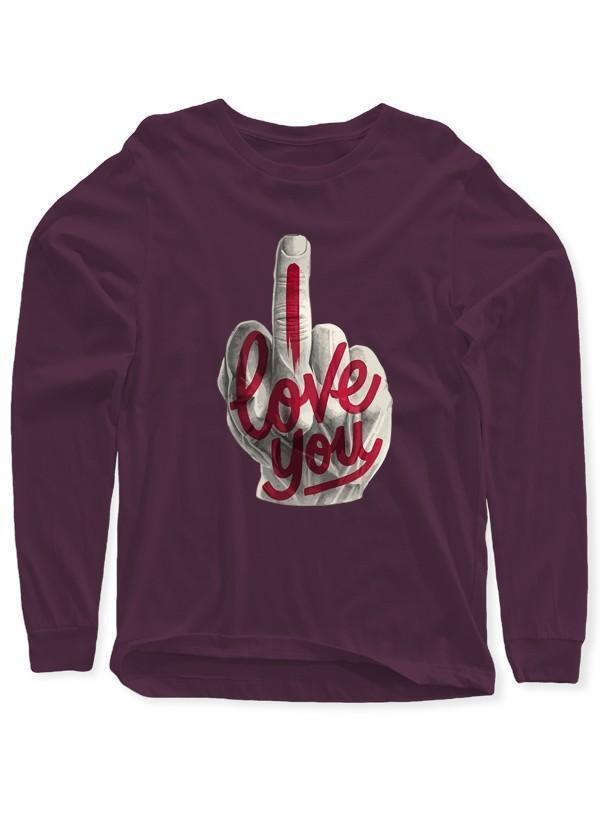 Black, green, and purple I Love You full sleeves T-shirt by Scorpius with bold text and comfortable fit.