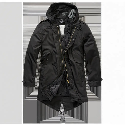 Callisto M51 US Parka jacket, heavy-duty military-style coat with hood, in olive green, displayed on a hanger.