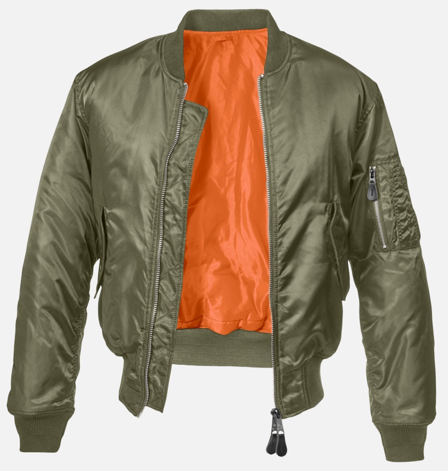 Callisto MA1 bomber jacket in olive green with ribbed cuffs and collar, shown on a hanger.