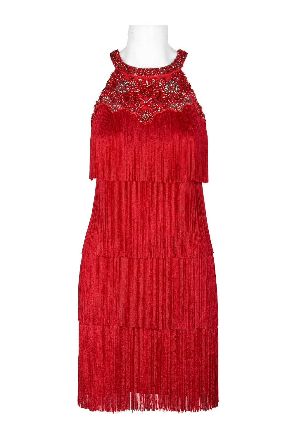 Red Aidan Mattox embellished halter neck dress with keyhole back and tiered tassels, designed for women&
