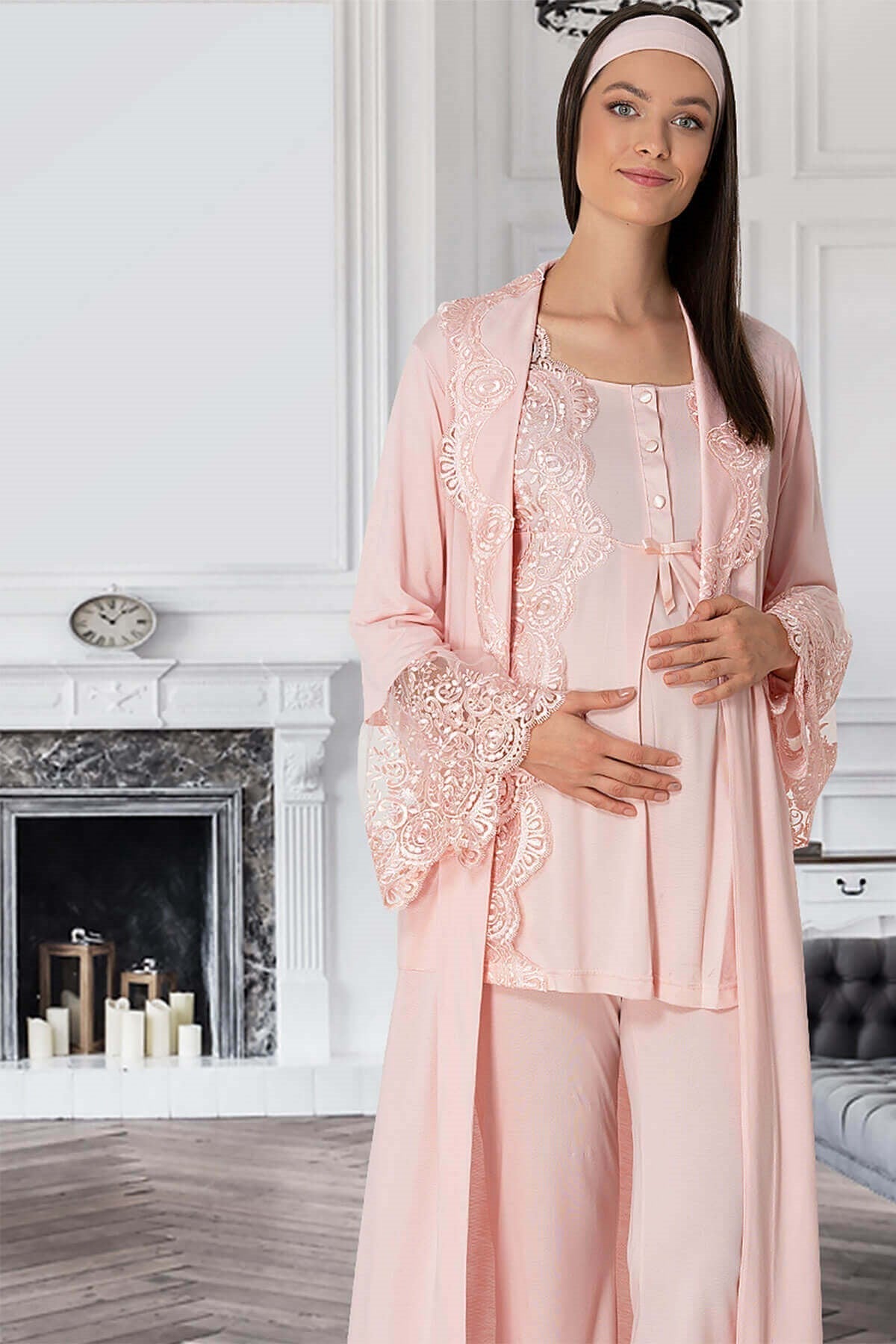 Burgundy Artemis Shopymommy 5353 Sandra 3-piece maternity and nursing pajamas set, soft pastel pink lingerie with comfortable fit