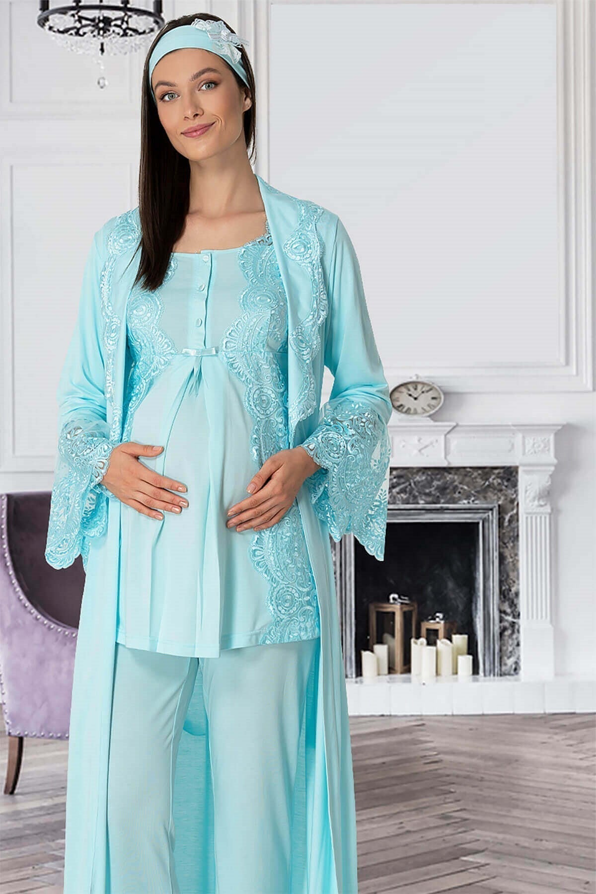 Burgundy Artemis Shopymommy 5353 Sandra turquoise 3-piece maternity and nursing pajamas set, featuring comfortable lingerie and underwear.