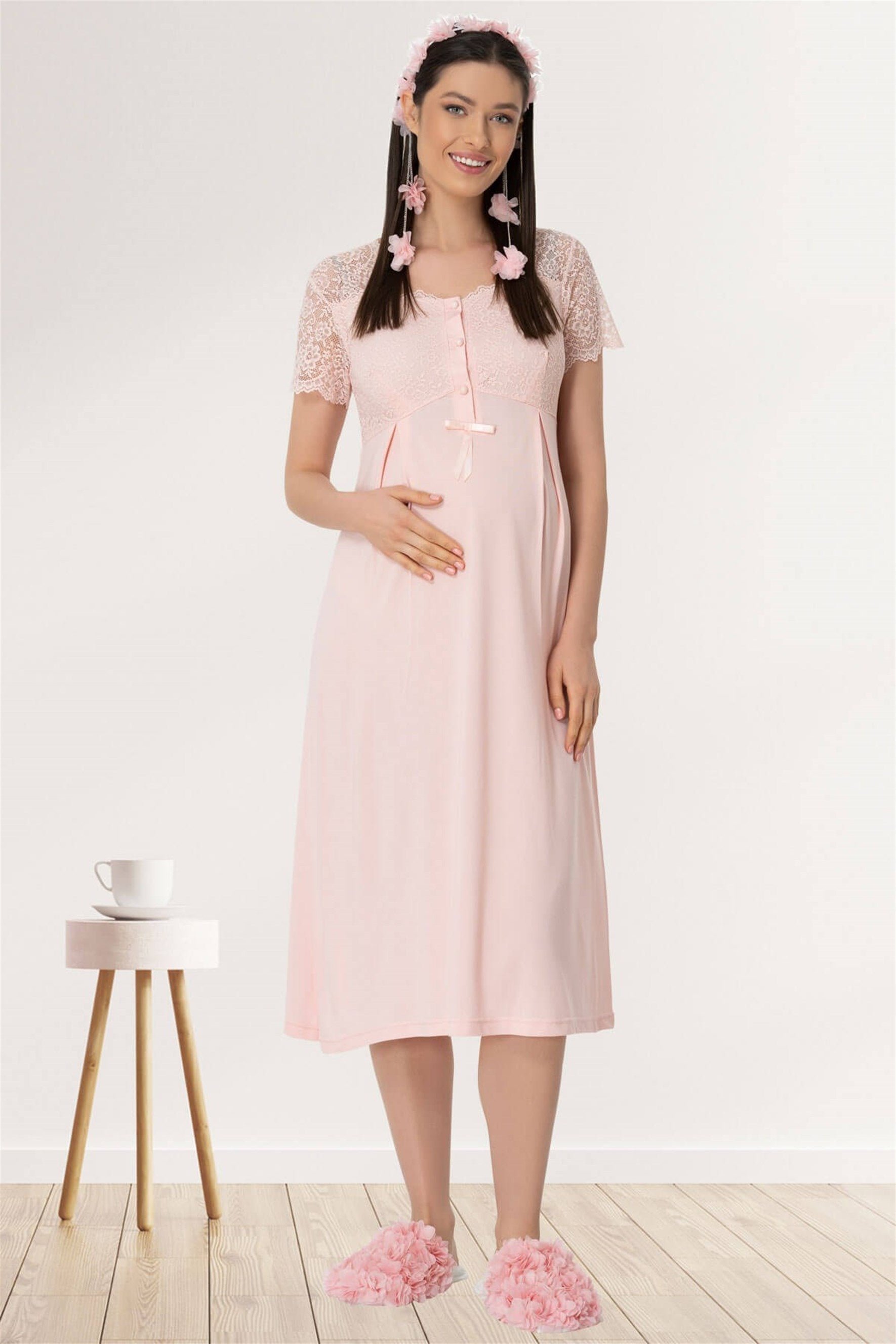 Burgundy Artemis Shopymommy 5439 lace sleeve maternity and nursing night gown, soft fabric with delicate lace details.