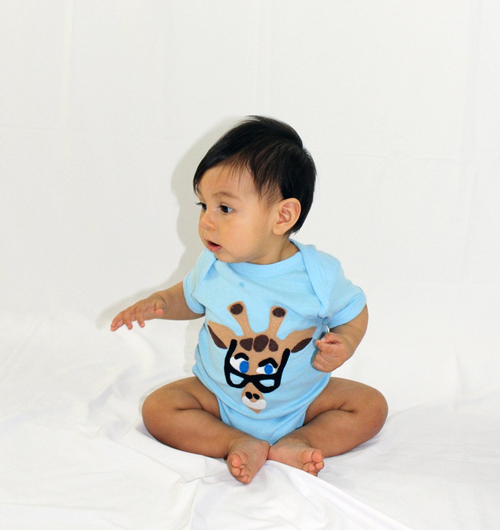 Sky Blue Milo baby onesie from the Mitford collection featuring Donald Robertson artwork, designed for comfortable kids and babies.