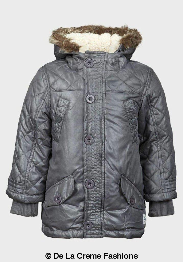 Minoti boys quilted winter padded jacket with faux fur hood, puffa coat, warm and stylish for cold weather.