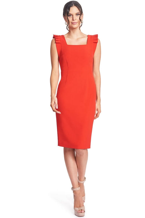 Peach Dionysus Monarch Red Midi Sheath Dress with pleated shoulder detail and square neckline, women&