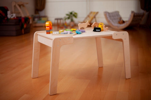 Red Oceanus Montessori table and chair set for kids, featuring a wooden table with matching small chairs perfect for learning and play.