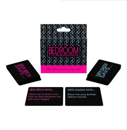 Maroon Cassandra Bedroom Commands Card Game for gifts, featuring colorful cards with bedroom-themed prompts and commands.