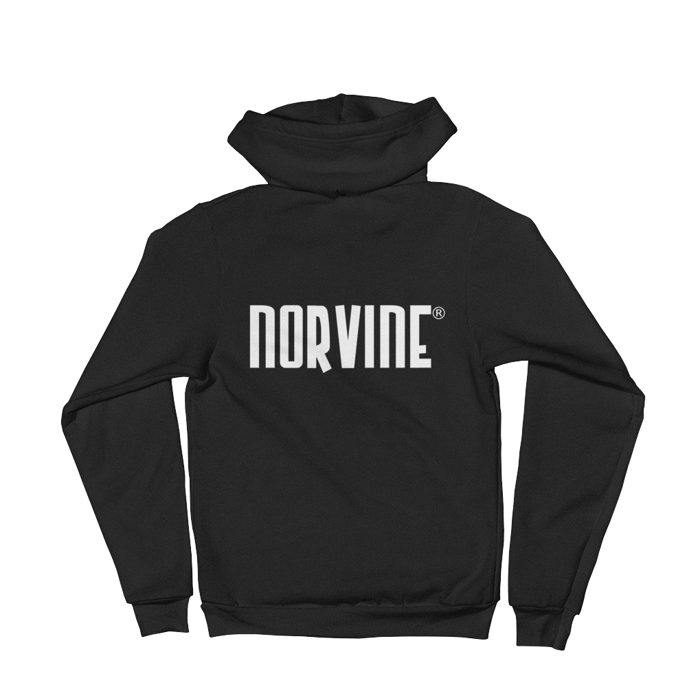 Callisto Norvine Zipped AA Hoodie in dark heather grey, front and back view showing small logo and zipper detail.
