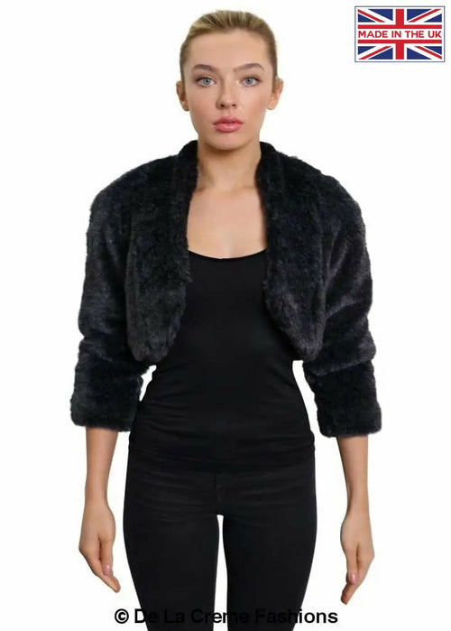 Grey open front faux fur bolero jacket by Rose Eleusis, stylish and cozy for casual or formal wear.