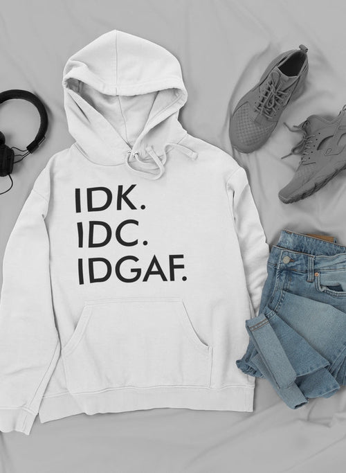 Jade Thalassa IDK IDC IDGAF hoodie paired with trendy sneakers and jeans, casual streetwear outfit.