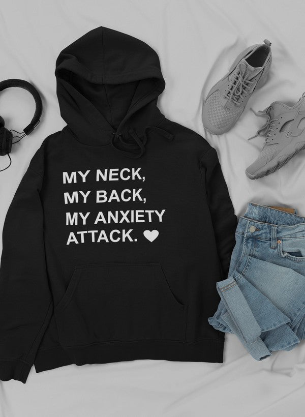 Jade Thalassa "My Neck My Back My Anxiety Attack" hoodie paired with trendy sneakers and jeans in a casual outfit.