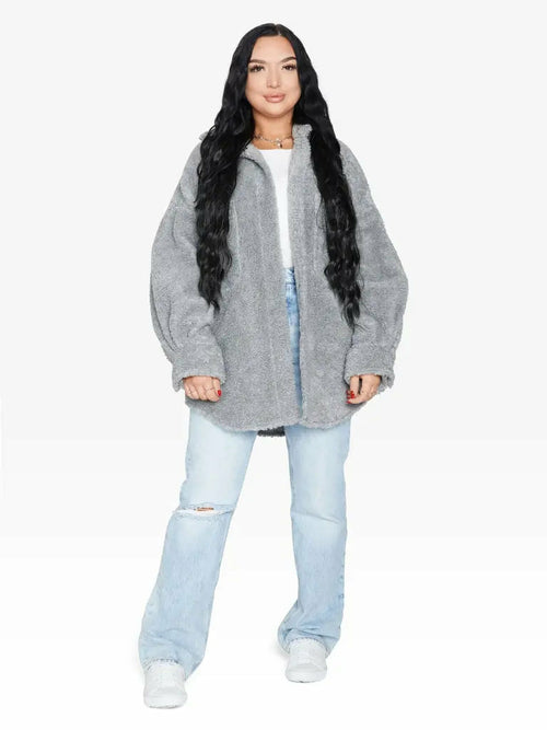Silver oversized patch pocket Borg teddy shacket by Rose Eleusis, featuring a cozy, plush fleece design and relaxed fit for casual styling.