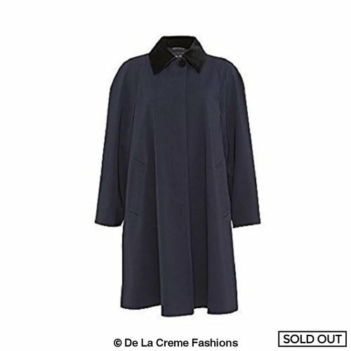 Navy blue oversized velvet-trim lightweight swing coat by Rose Eleusis, stylish jacket with flowing silhouette and elegant velvet accents.