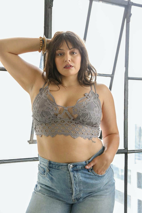 Gray crochet lace longline bralette by Periwinkle Aether, displayed on a plain background with detailed lace pattern.