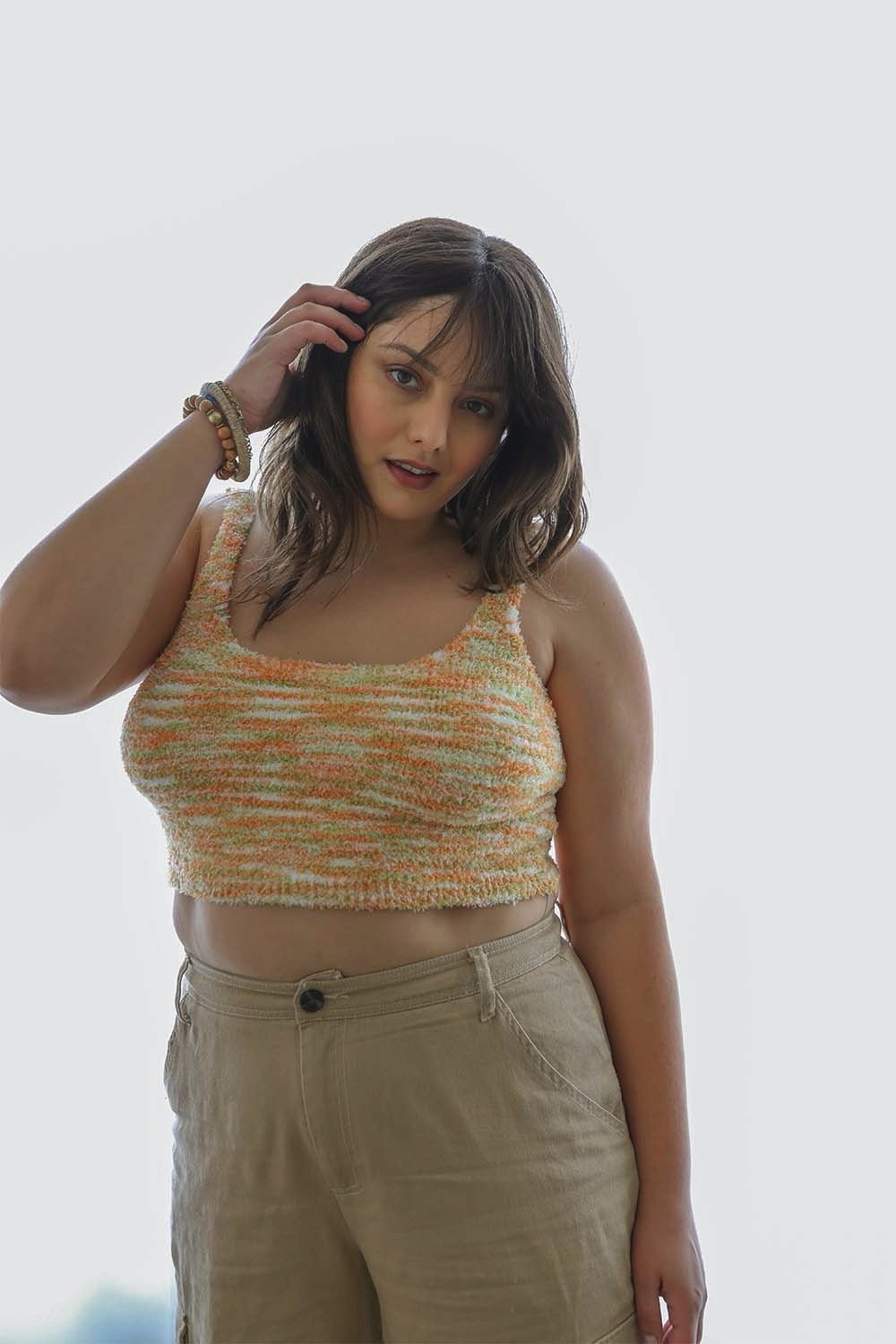 Plus-size Cozy Boucle Lounge Brami tank top by Periwinkle Aether in orange, featuring a soft, textured boucle fabric for comfort.
