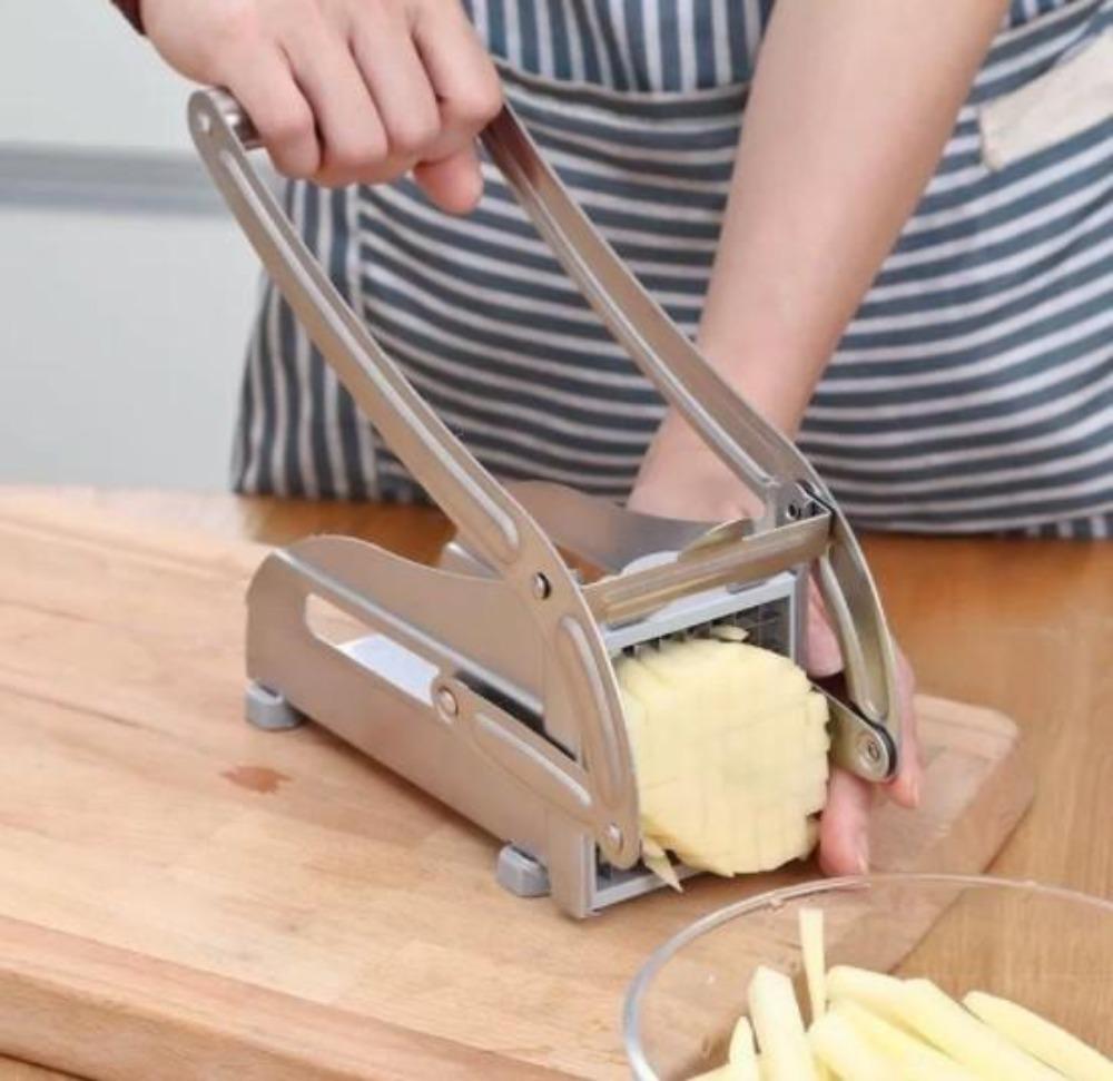 Yellow Pandora stainless steel French fries and potato cutter with two blades, perfect for making uniform fries at home.