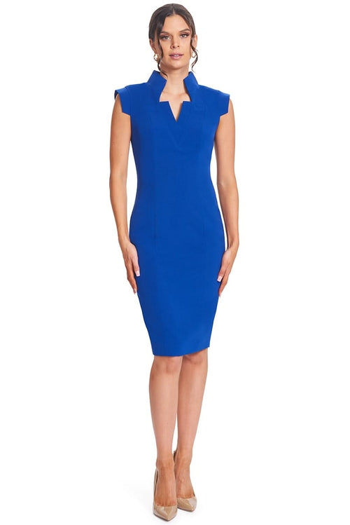 Cobalt blue Point De Vu dress by Peach Dionysus, sleeveless midi sheath with notch neckline, perfect for elegant women&