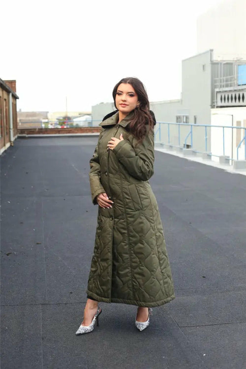 Olive quilted single-breasted longline hooded coat by Rose Eleusis, stylish jacket with a cozy hood and tailored fit.
