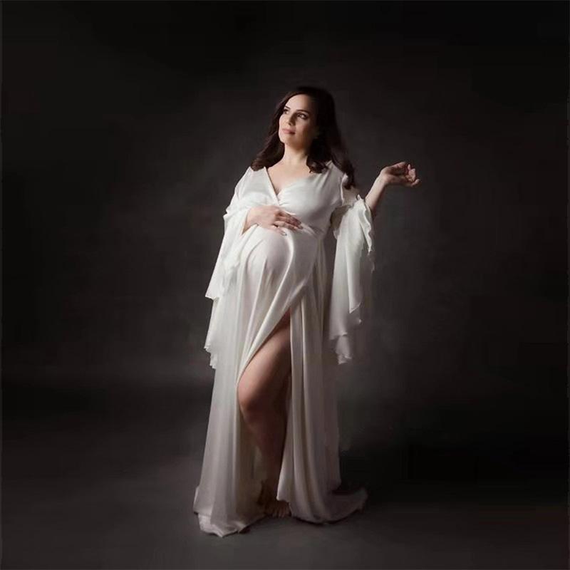 Blue Charlie sexy V-neck pregnancy dress with split front, perfect for maternity photoshoots and comfortable home wear.