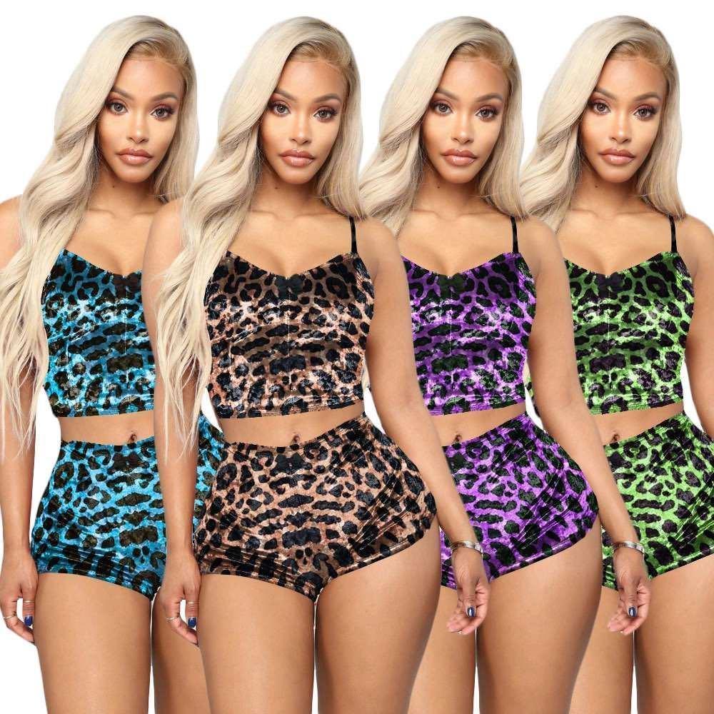 Blue Charlie leopard print slim-fit velvet two-piece set with hollow-out design and wide-leg pants, perfect for stylish home wear.