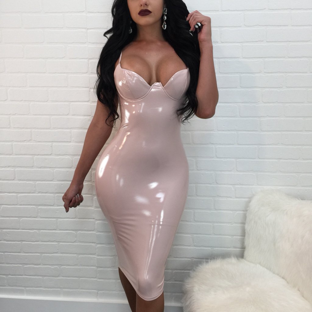Black PU leather bodycon dress by Blue Charlie featuring a high neckline, perfect for autumn and winter wear.